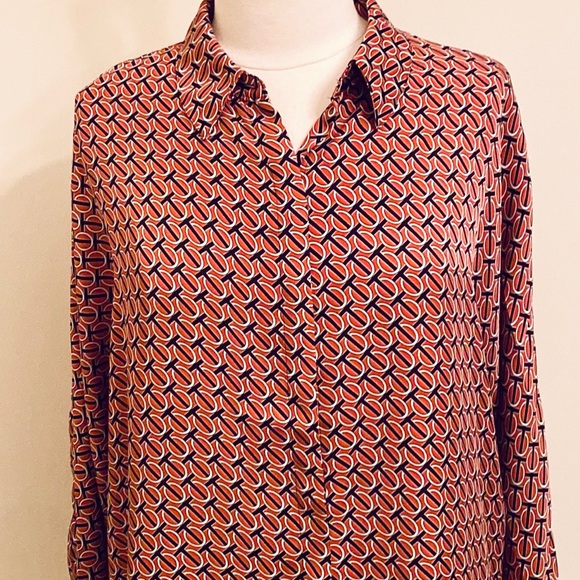 Express Rust Orange Black Geometric Print Collared Long Sleeve Button Down Top L - Picture 2 of 9